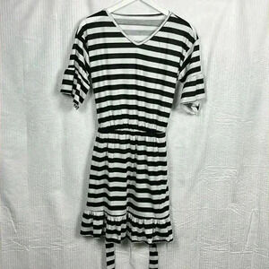 Womens Black & White Stripe Dress L V-neck Pullover. Peplum Sleeves Casual NWOT